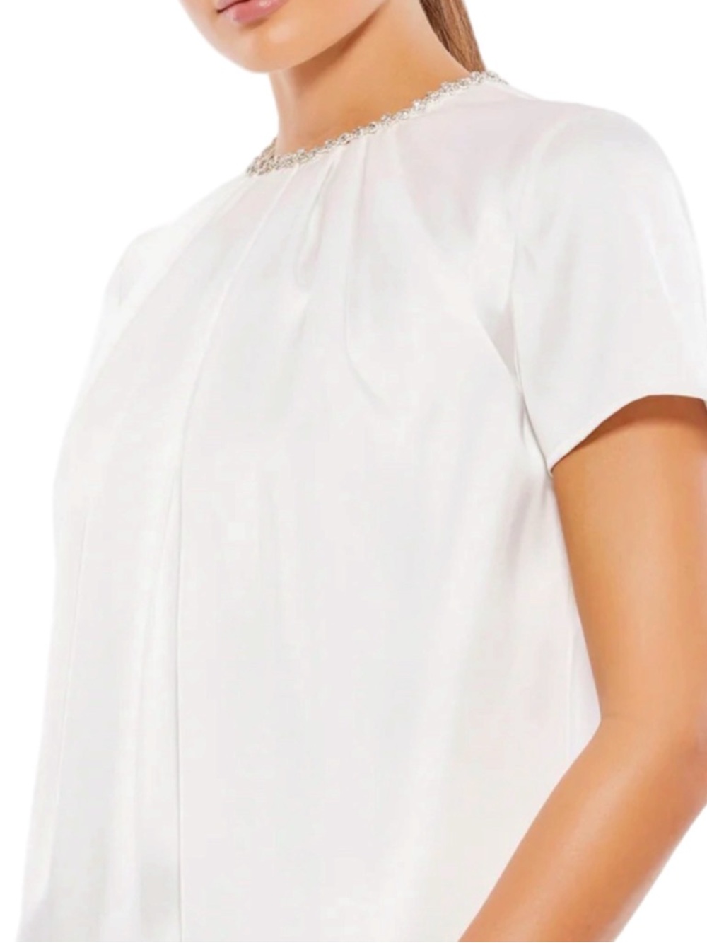NWT IEENA for Mac Duggal White Short Sleeve Bridal Shift Dress with Rhinestones - Picture 3 of 7